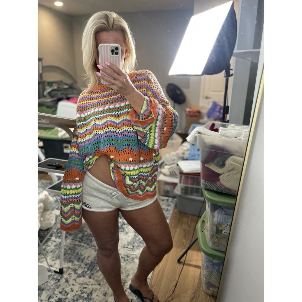 LUNE Women's Oversized Knit Colorful Wave Pattern Drop‎ Shoulder Flare Sleeves
